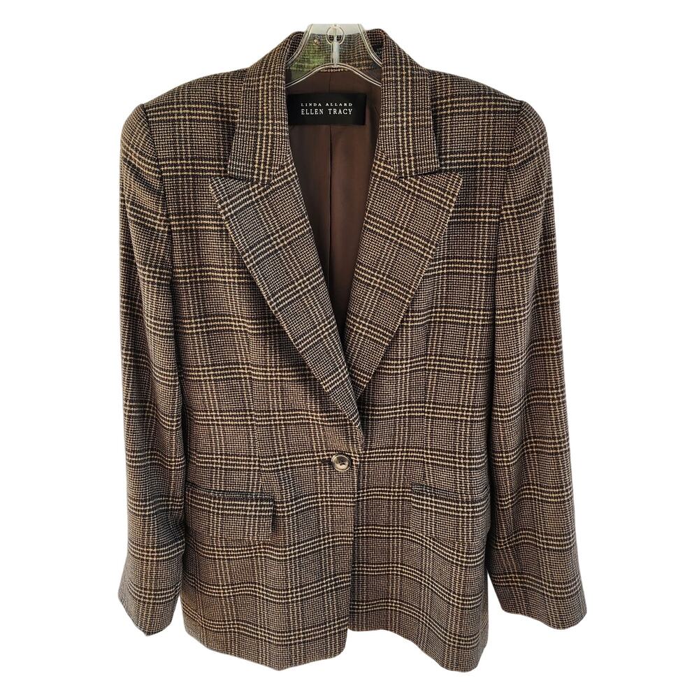 Linda Allard Ellen Tracy VTG 80s Blazer 4 Brown Glen Plaid Silk Wool Oversized - Picture 2 of 11